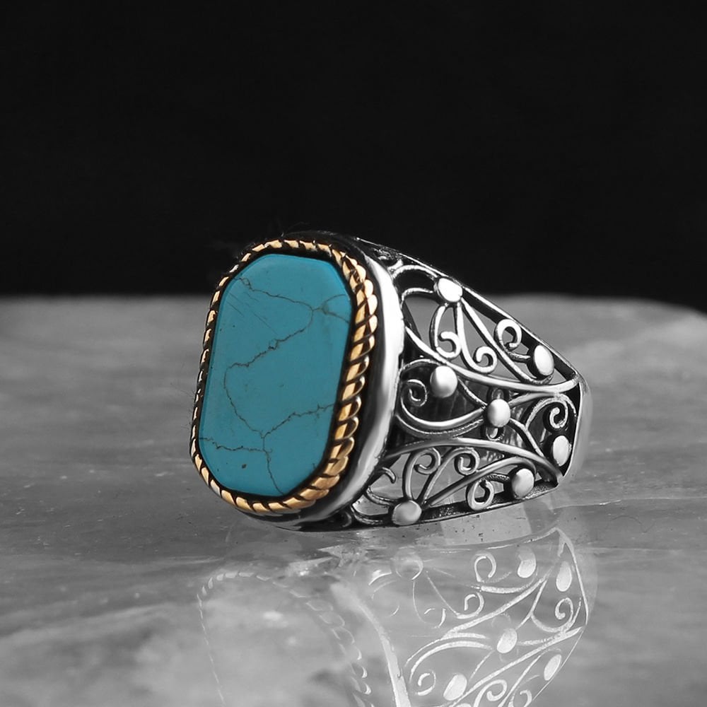 Tesbihevim | Men's Silver Ring with Turquoise Stone