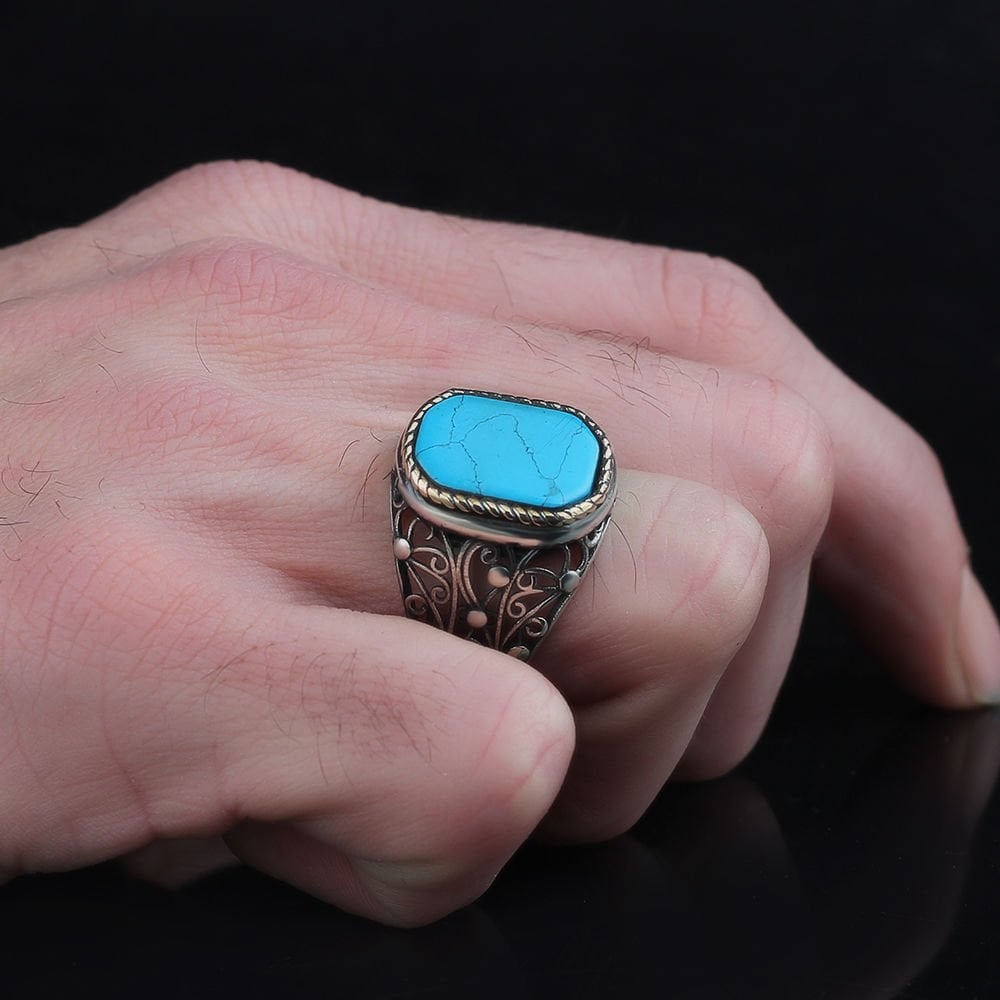 Tesbihevim | Men's Silver Ring with Turquoise Stone - TryAladdin