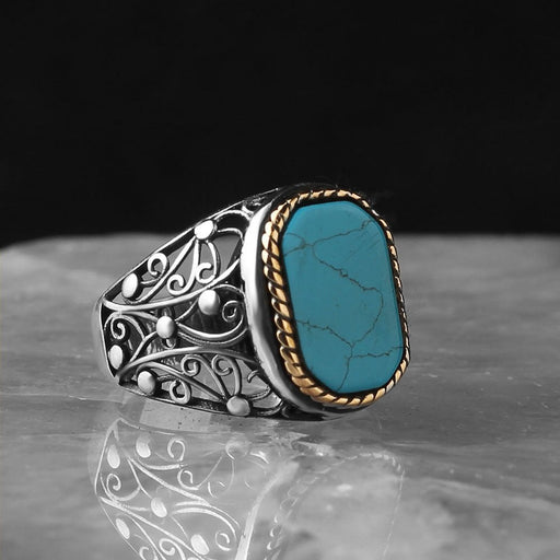 Tesbihevim | Men's Silver Ring with Turquoise Stone