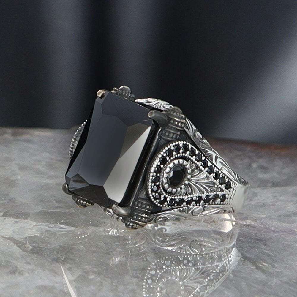 Tesbihevim | Men's Silver Ring with Zircon Stone