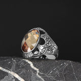 Tesbihevim | Patterned Model Citrine Stone Silver Ring for Men