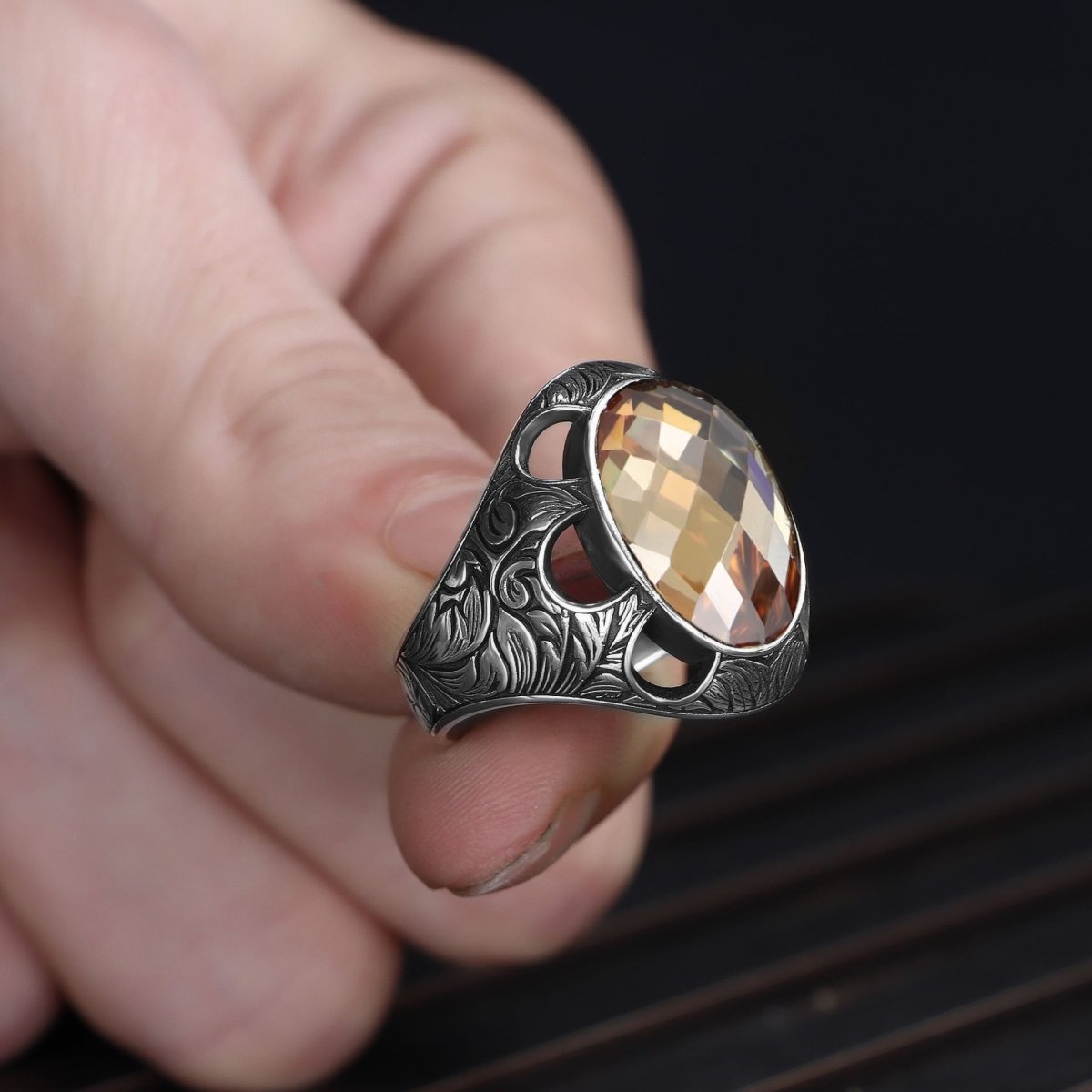 Tesbihevim | Patterned Model Citrine Stone Silver Ring for Men