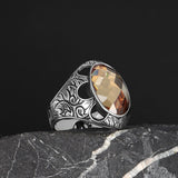 Tesbihevim | Patterned Model Citrine Stone Silver Ring for Men