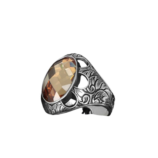 Tesbihevim | Patterned Model Citrine Stone Silver Ring for Men