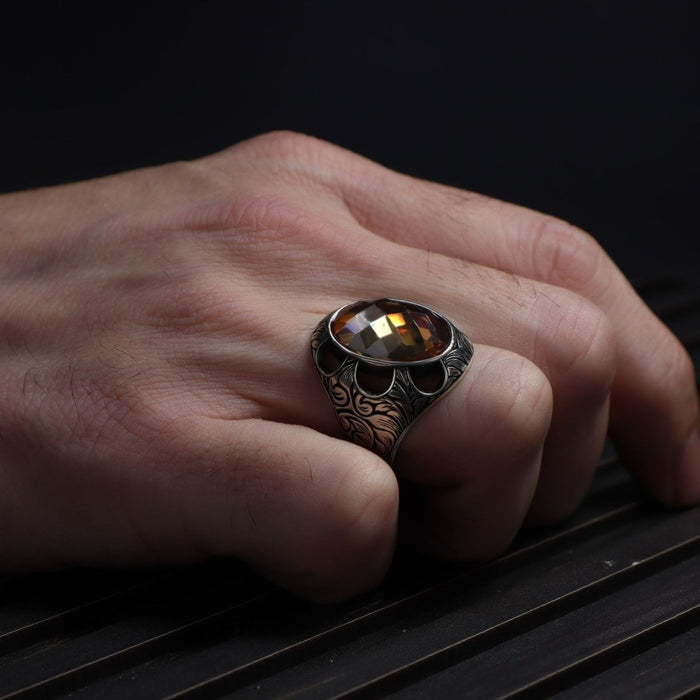 Tesbihevim | Patterned Model Citrine Stone Silver Ring for Men