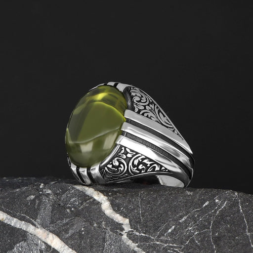 Tesbihevim | Patterned Model Peridot Stone Silver Ring for Men