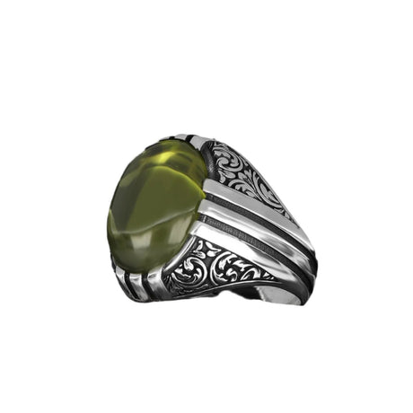 Tesbihevim | Patterned Model Peridot Stone Silver Ring for Men