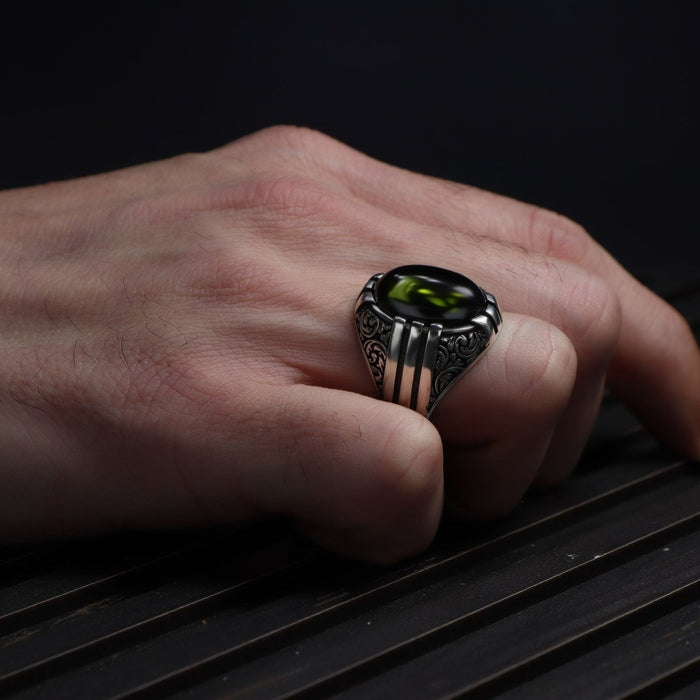 Tesbihevim | Patterned Model Peridot Stone Silver Ring for Men