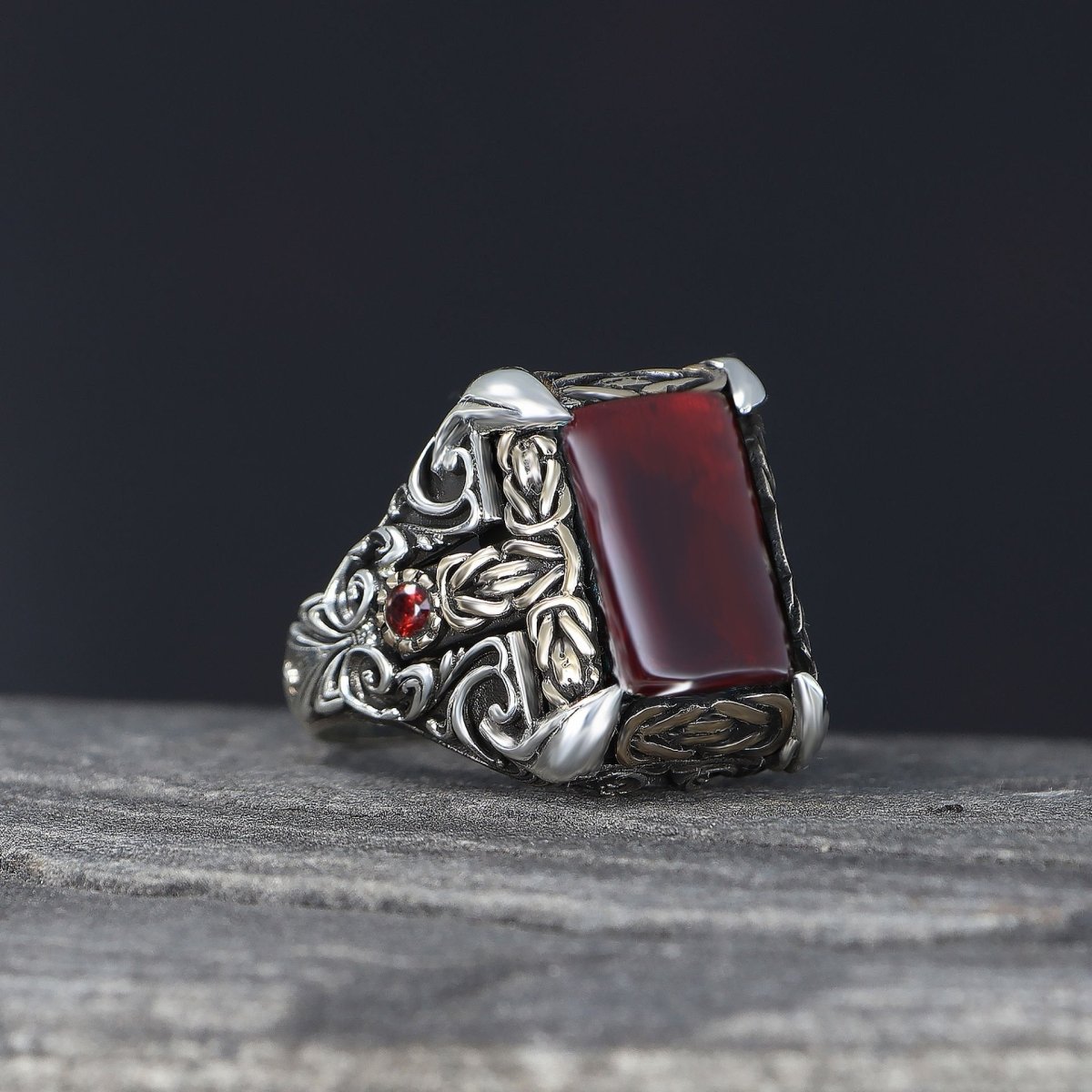 Tesbihevim | Patterned Model Red Agate Stone Silver Ring for Men