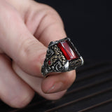 Tesbihevim | Patterned Model Red Agate Stone Silver Ring for Men