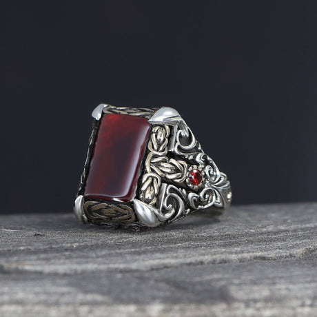 Tesbihevim | Patterned Model Red Agate Stone Silver Ring for Men