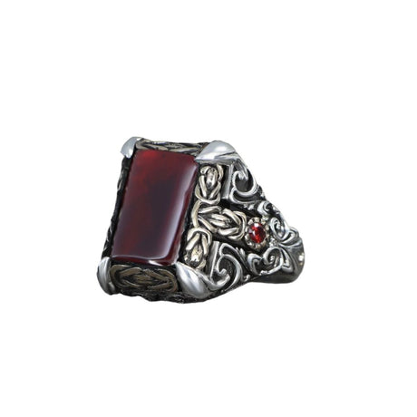 Tesbihevim | Patterned Model Red Agate Stone Silver Ring for Men