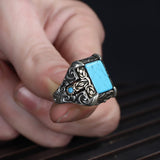 Tesbihevim | Patterned Model Turquoise Stone Silver Ring for Men