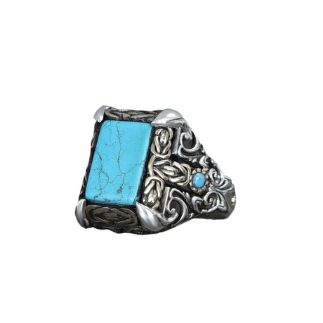 Tesbihevim | Patterned Model Turquoise Stone Silver Ring for Men