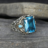 Tesbihevim | Silver Men's Ring with Chain Series Aqua Marin Stone