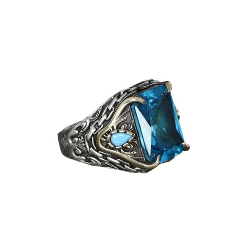 Tesbihevim | Silver Men's Ring with Chain Series Aqua Marin Stone