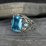 Tesbihevim | Silver Men's Ring with Chain Series Aqua Marin Stone - TryAladdin