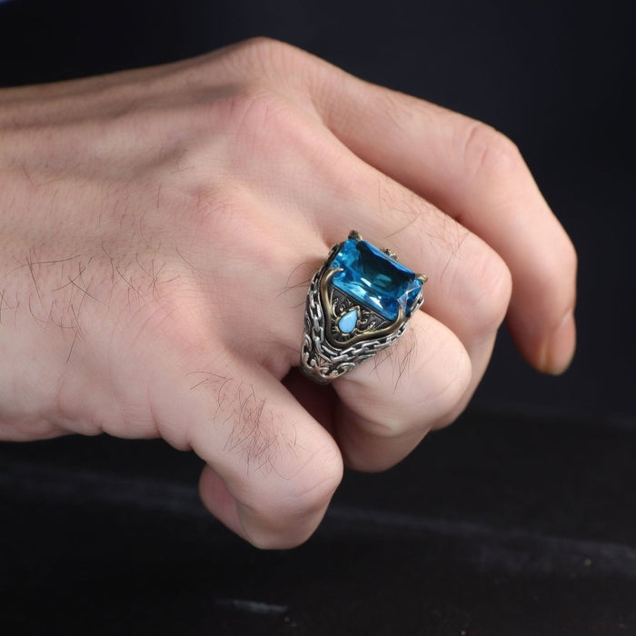 Tesbihevim | Silver Men's Ring with Chain Series Aqua Marin Stone