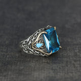 Tesbihevim | Silver Men's Ring with Chain Series Aqua Marin Stone