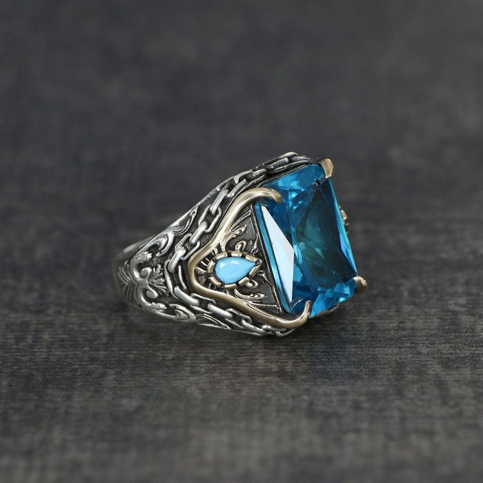 Tesbihevim | Silver Men's Ring with Chain Series Aqua Marin Stone