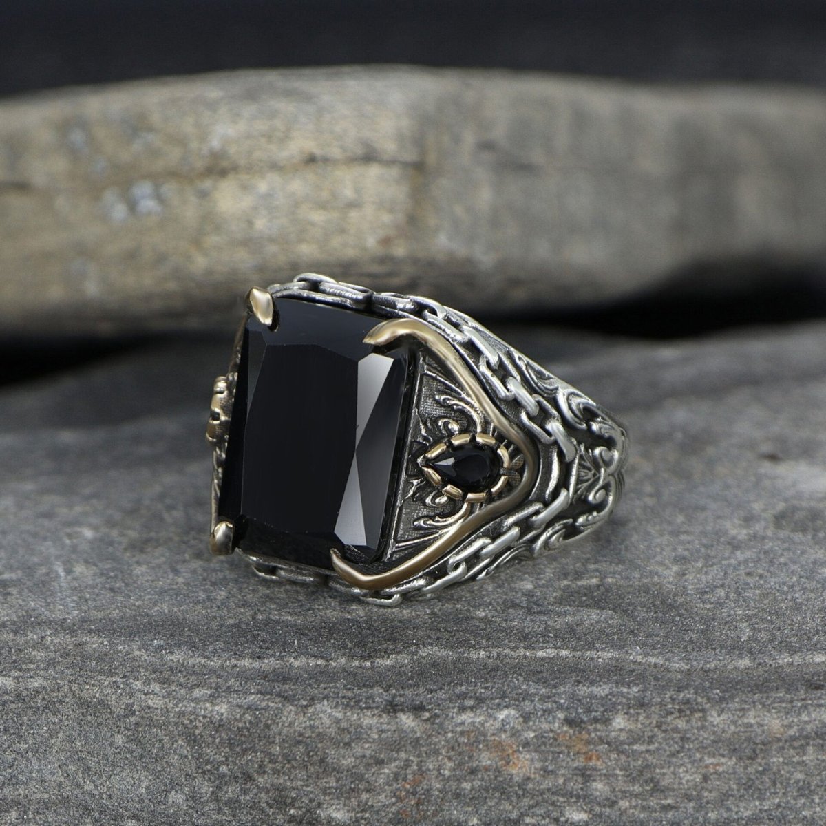 Tesbihevim | Silver Ring for Men with Chain Series Zircon Stone