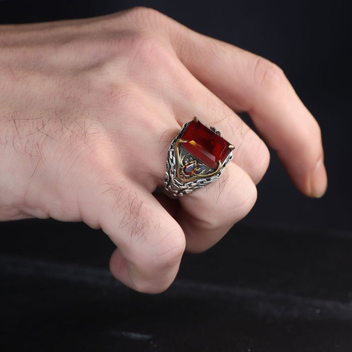 Tesbihevim | Silver Ring for Men with Chain Series Zircon Stone