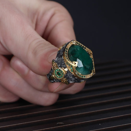 Tesbihevim | Silver Ring for Men with Emerald Stone