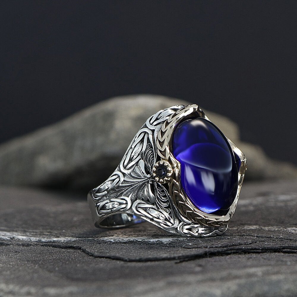 Tesbihevim | Silver Ring for Men with Parliament Blue Zircon Stone