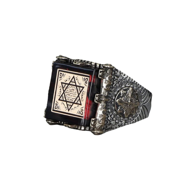 Tesbihevim | Silver Ring for Men with Seal of Solomon and Amber Stone