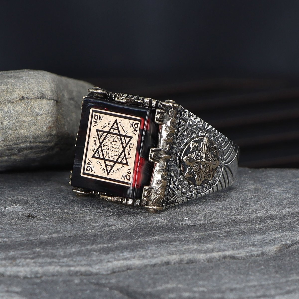 Tesbihevim | Silver Ring for Men with Seal of Solomon and Amber Stone