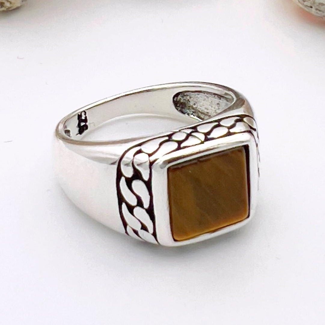 Tiger's Eye Squared Stone Ring Men