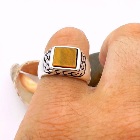 Tiger's Eye Squared Stone Ring Men