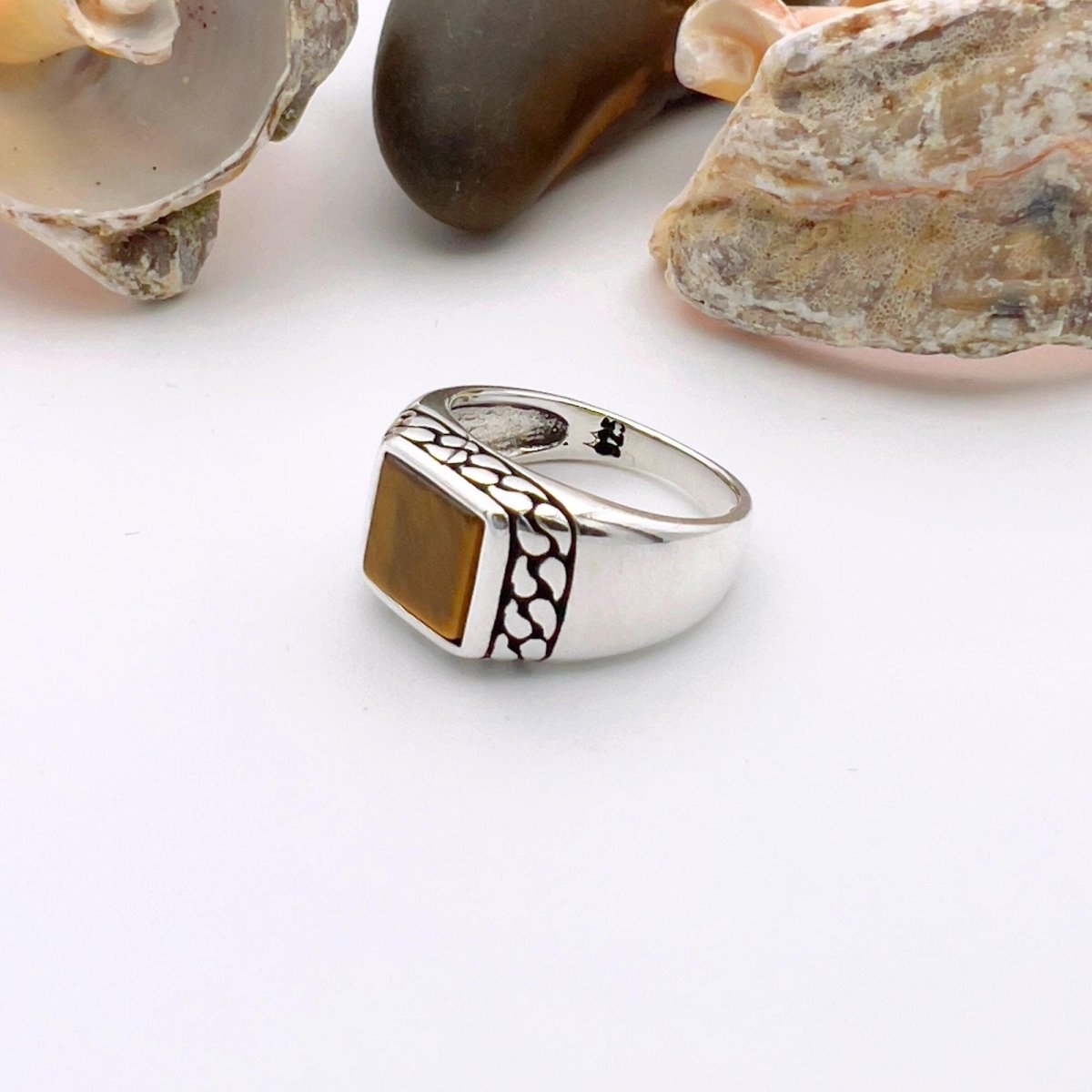 Tiger's Eye Squared Stone Ring Men