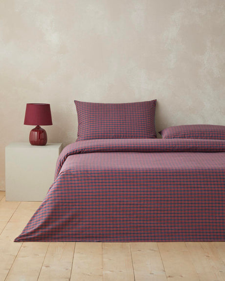 Premium Yarn Dyed Single Duvet Cover Set Fitted Sheet Navy Red Check Pattern