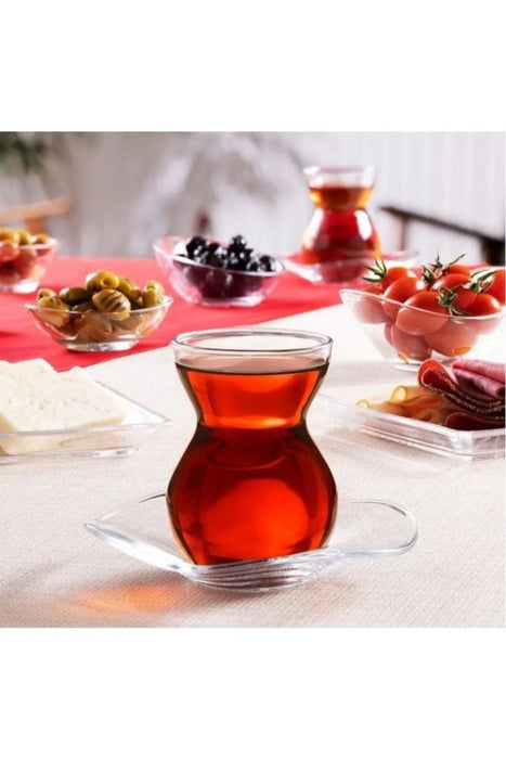 Traditional Turkish Tea Set - Pasabahce Dantel 12 Pieces Glass for 6 Persons