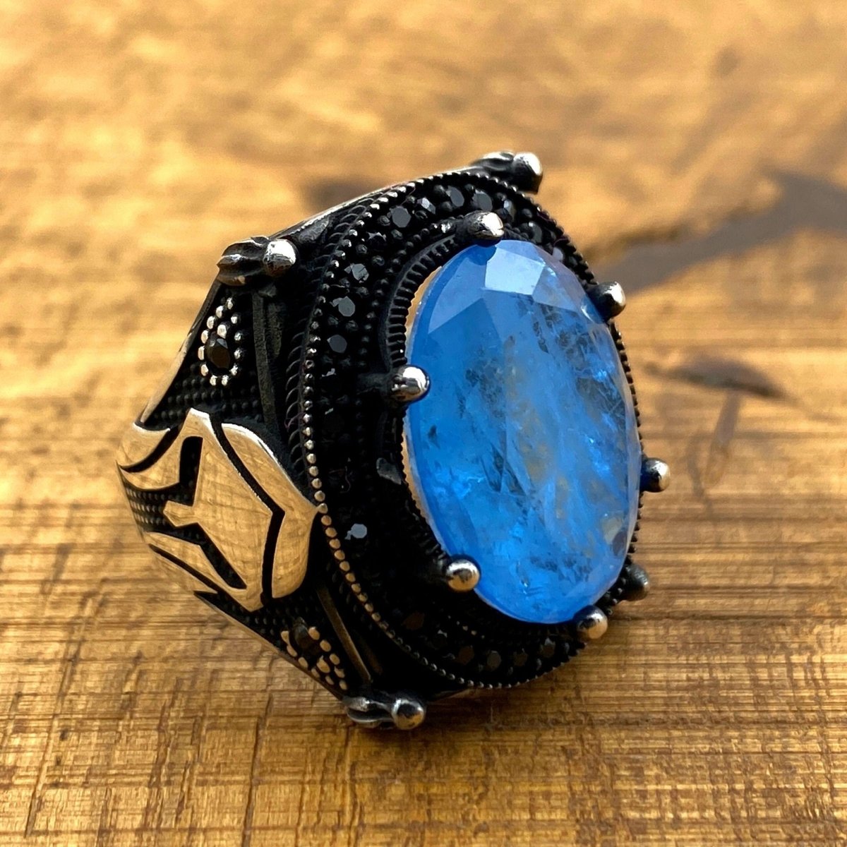 Turkish Handcrafted 925 Sterling Silver Men's Helmet Ring with Vibrant Blue Paraiba Stone - TryAladdin