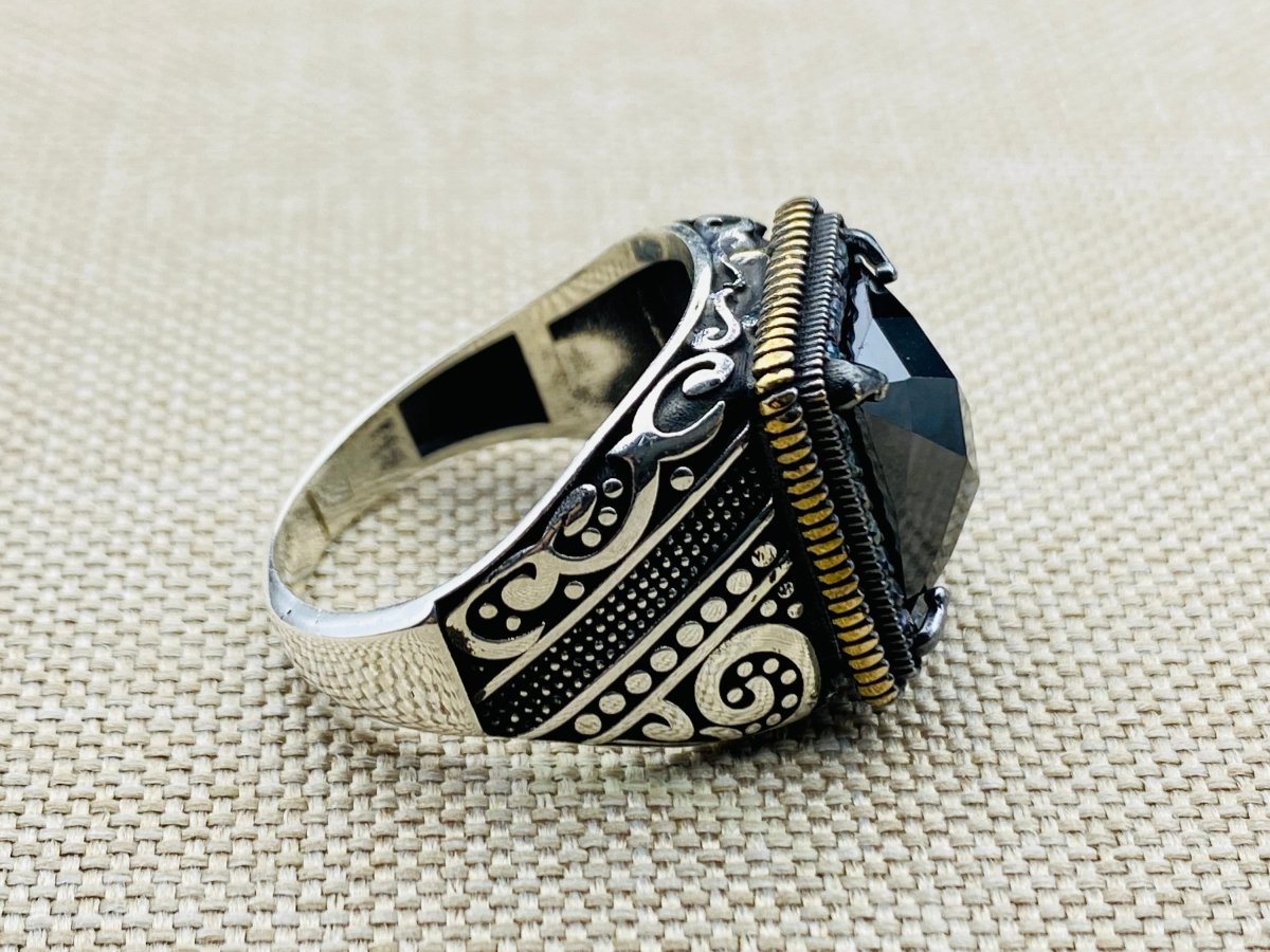 Turkish Handmade 925K Sterling Silver Men's Onyx Ring - Bold Black Onyx Stone Statement Jewelry for Him - TryAladdin