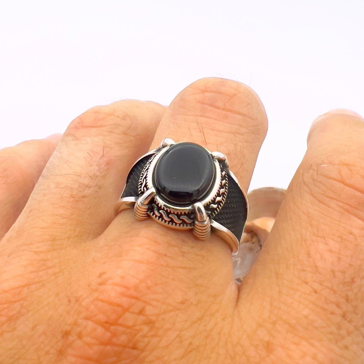 Turkish Handmade Men's 925 Sterling Silver Black Onyx Oval Stone Ring - Ottoman Style Gift - TryAladdin