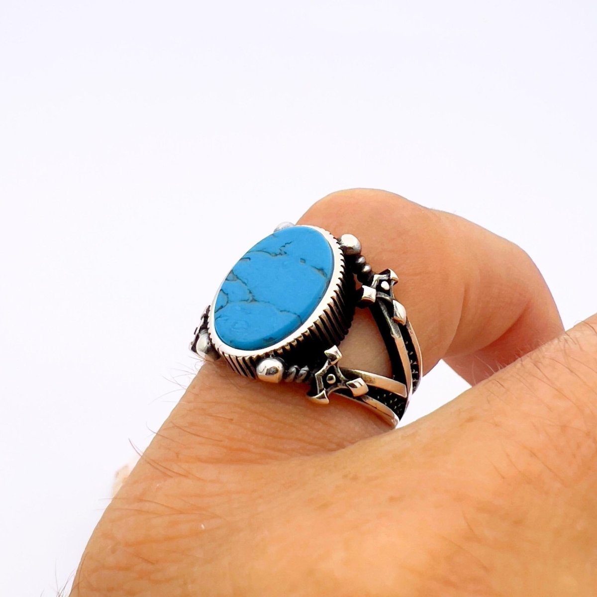 Turkish Handmade Men's 925 Sterling Silver Turquoise Sword Statement Ring - Unique Gift - TryAladdin
