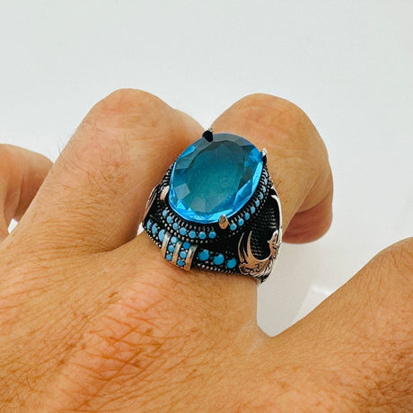 Turkish Handmade Men's Aquamarine Eagle Silver Ring