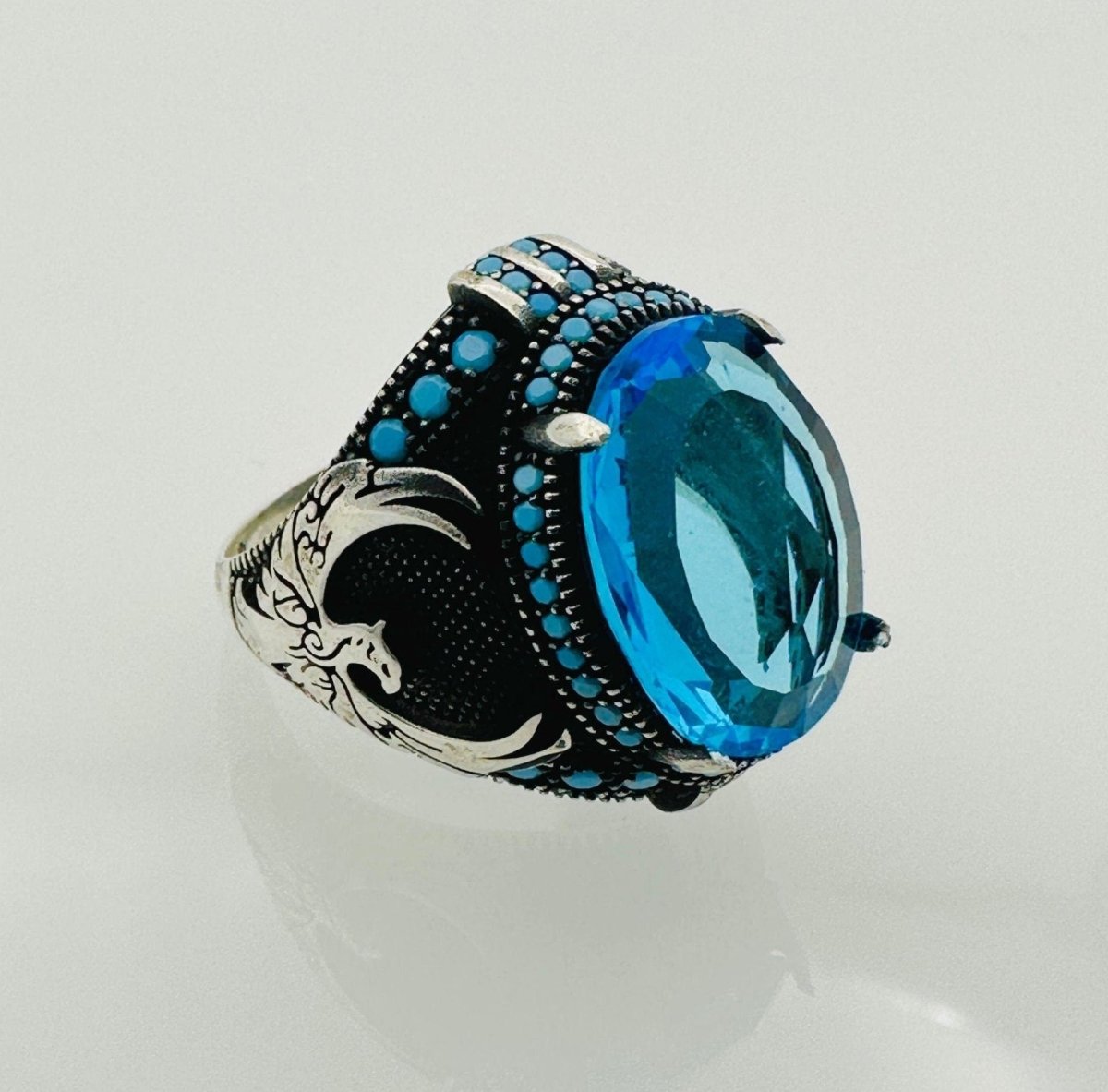 Turkish Handmade Men's Aquamarine Eagle Silver Ring - TryAladdin