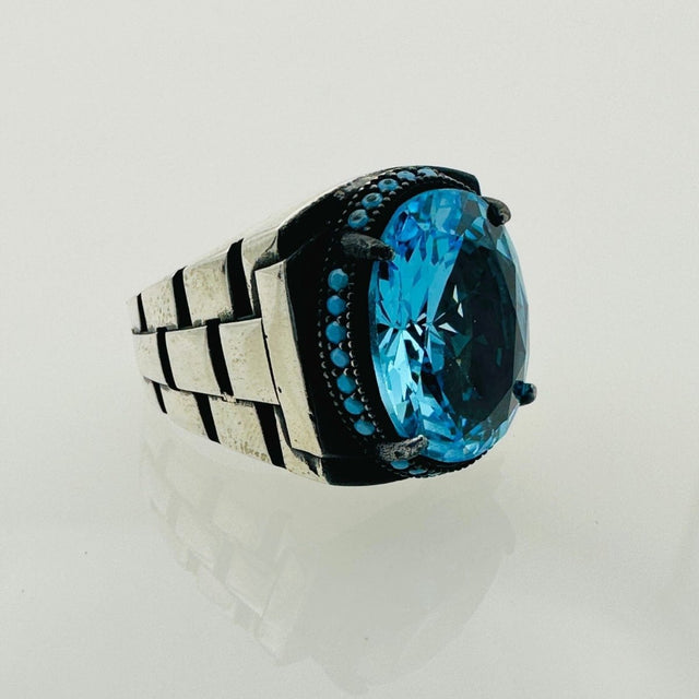 Turkish Handmade Men's Aquamarine Oval Ring