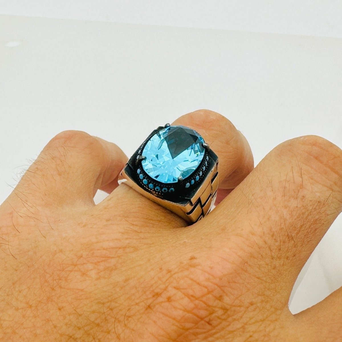 Turkish Handmade Men's Aquamarine Oval Ring