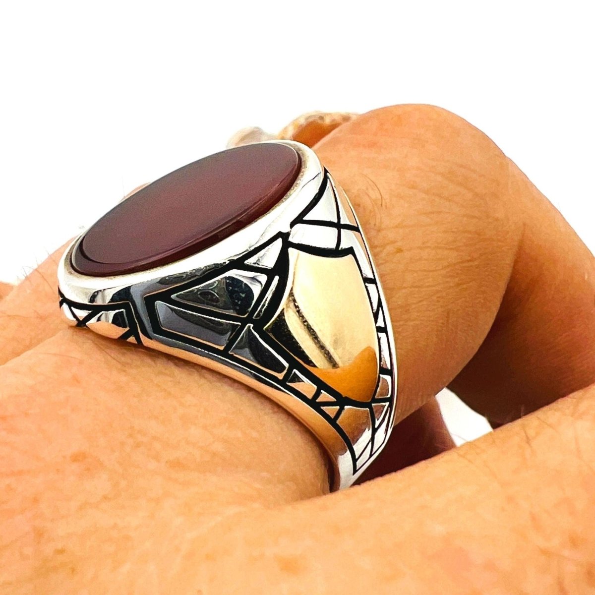 Turkish Handmade Men's Red Agate 925 Sterling Silver Statement Ring - TryAladdin