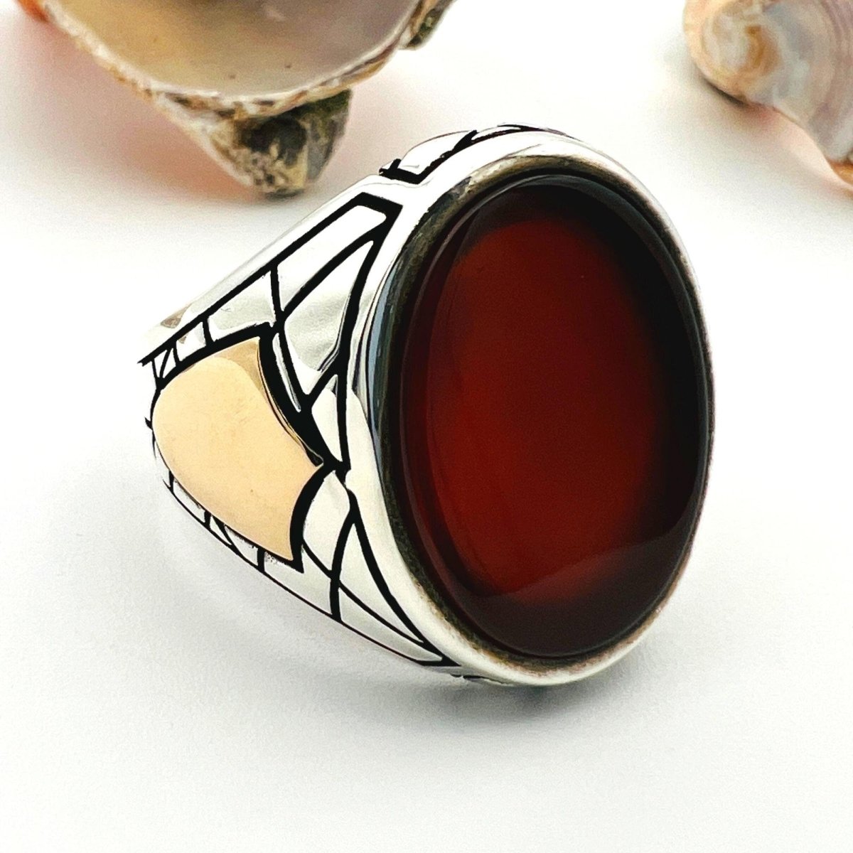 Turkish Handmade Men's Red Agate 925 Sterling Silver Statement Ring - TryAladdin