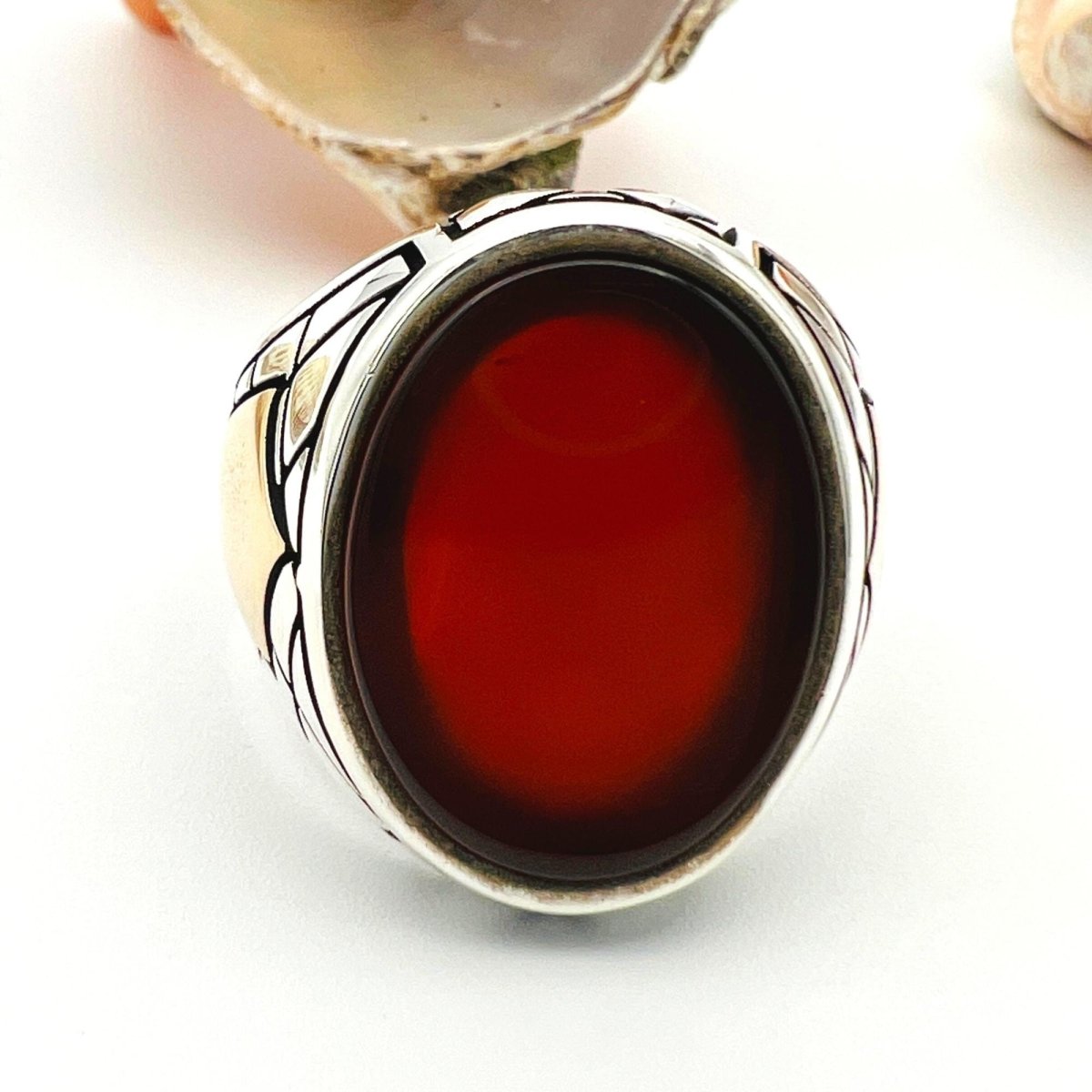 Turkish Handmade Men's Red Agate 925 Sterling Silver Statement Ring - TryAladdin