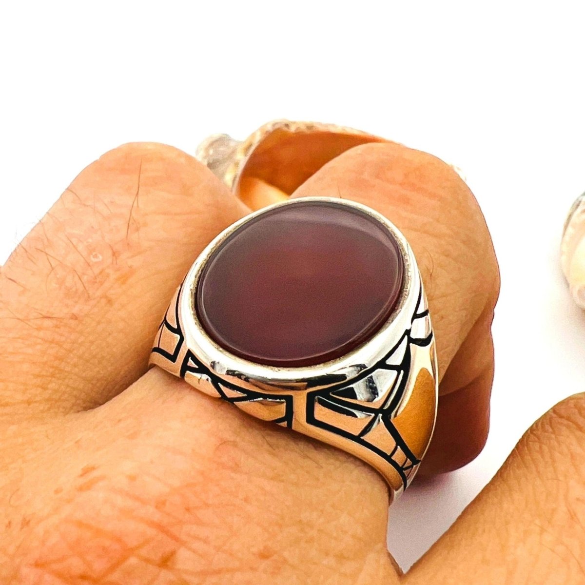 Turkish Handmade Men's Red Agate 925 Sterling Silver Statement Ring - TryAladdin