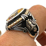 Turkish Handmade Sterling Silver Double Eagle Yellow Citrine Men's Statement Ring - TryAladdin