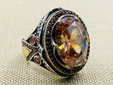 Turkish Handmade Sterling Silver Men's Ring with Champagne Citrine Gemstone - TryAladdin