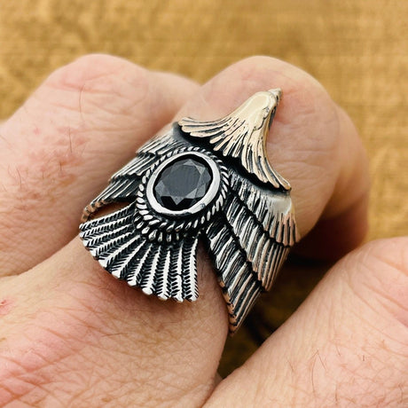 Unisex Adjustable Eagle Silver Ring with Black Onyx Stone